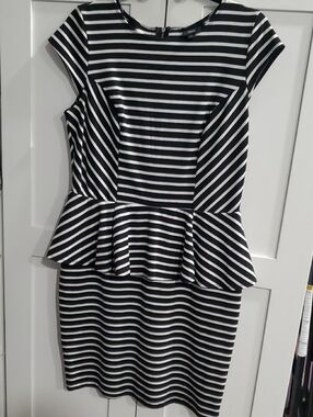 Black & White Striped Peplum Midi Dress